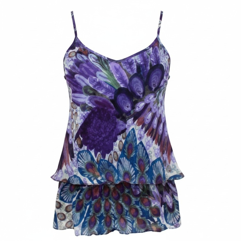 Rima Peacock Feather Print Dress Women Med Purple Tropical Boho Cover Up Sheer
